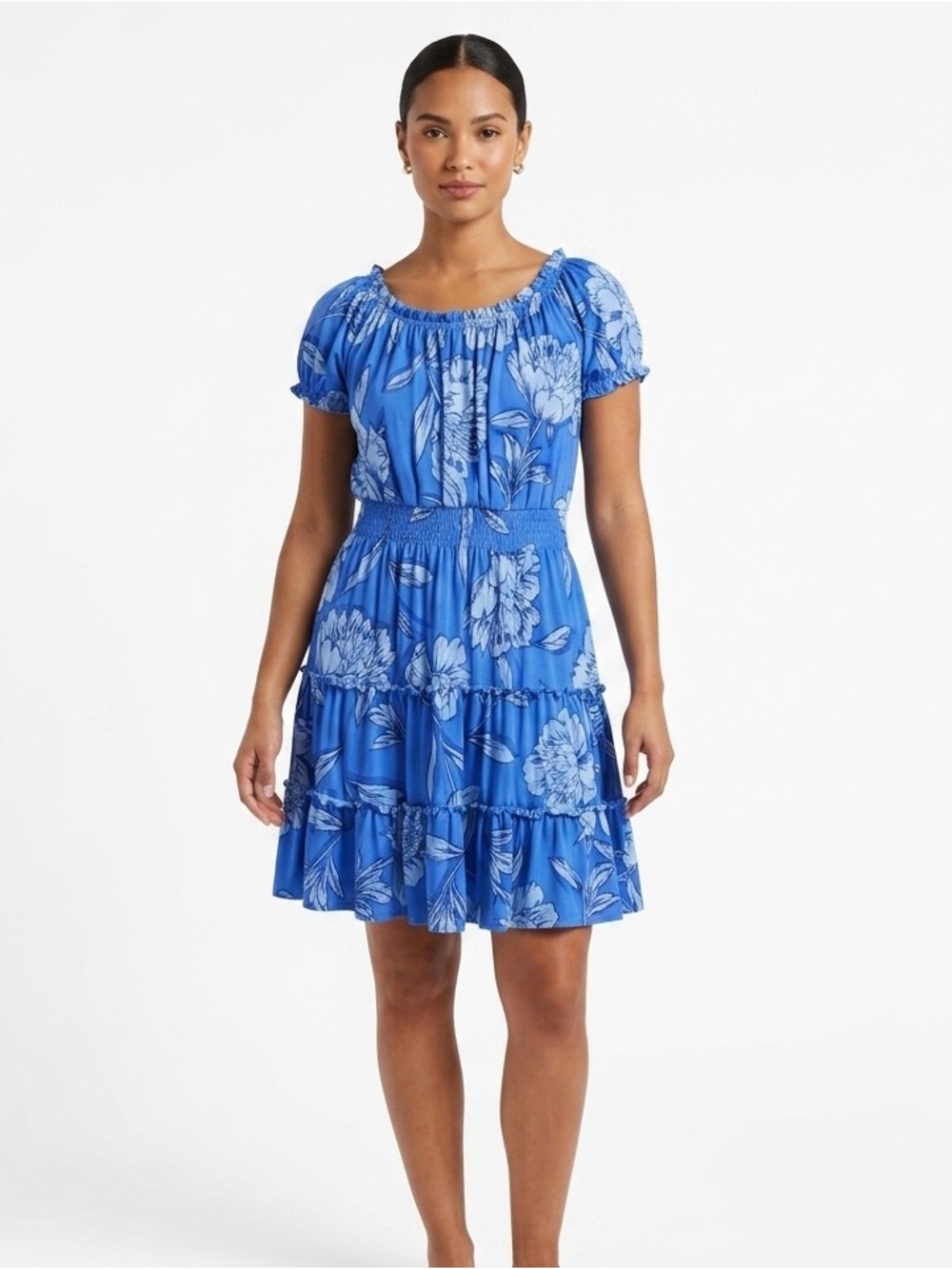 Bright Blue Floral Smocked-Waist Mini Dress
